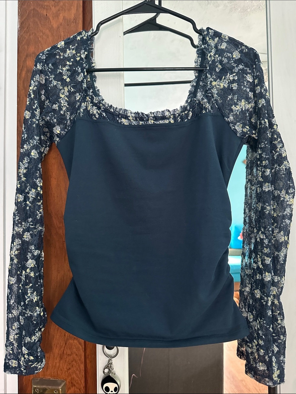 Free People Navy Top with Floral Lace Long Sleeves